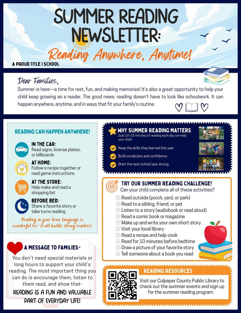 Document titled "Summer Reading Newsletter" features colorful icons and text blocks. Icons include car, home, store, bedtime, apple, and heart. Background is white and blue.