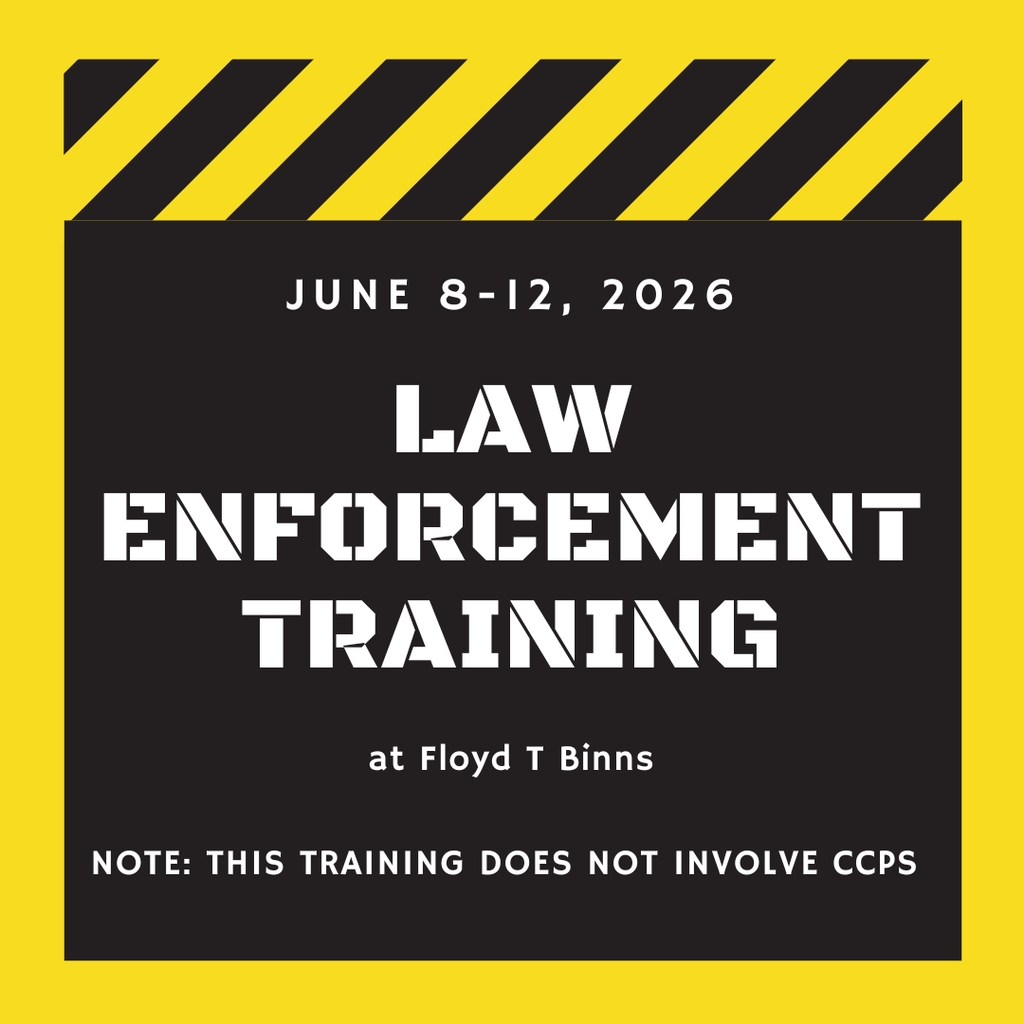 A graphic with a yellow and black striped border. It reads "Law Enforcement Training" and notes it occurs June 8-12, 2026, at Floyd T Binns.