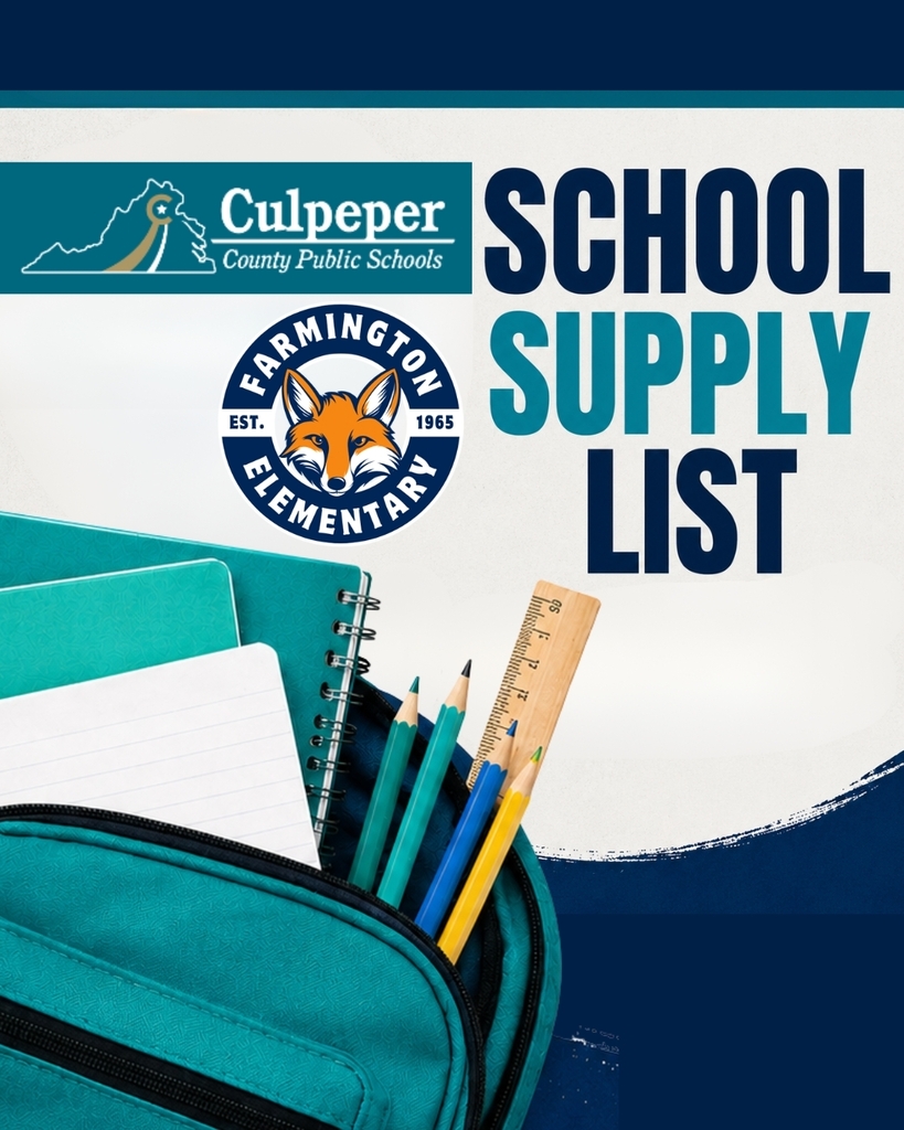 A backpack with a blue cover contains a ruler, pencils, a notebook, and a pad. Text reads "SCHOOL SUPPLY LIST" above a logo.