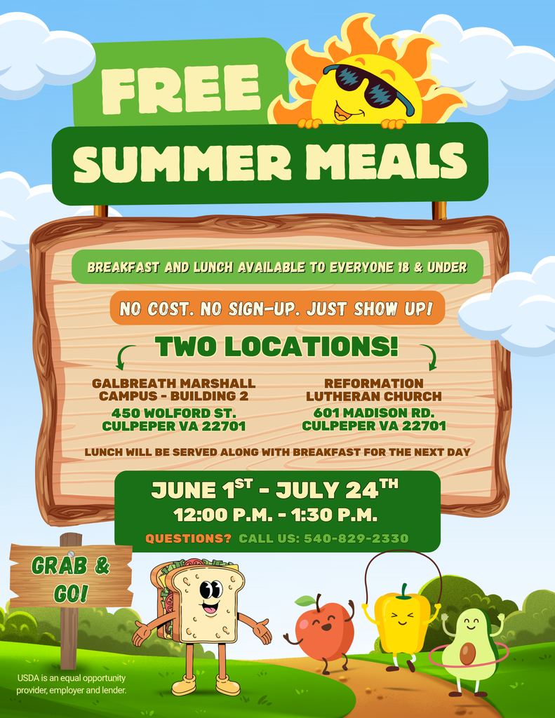 A flyer with a cartoon sun and sign stating "Free Summer Meals". Locations are listed. Dates are June 1st to July 24th.