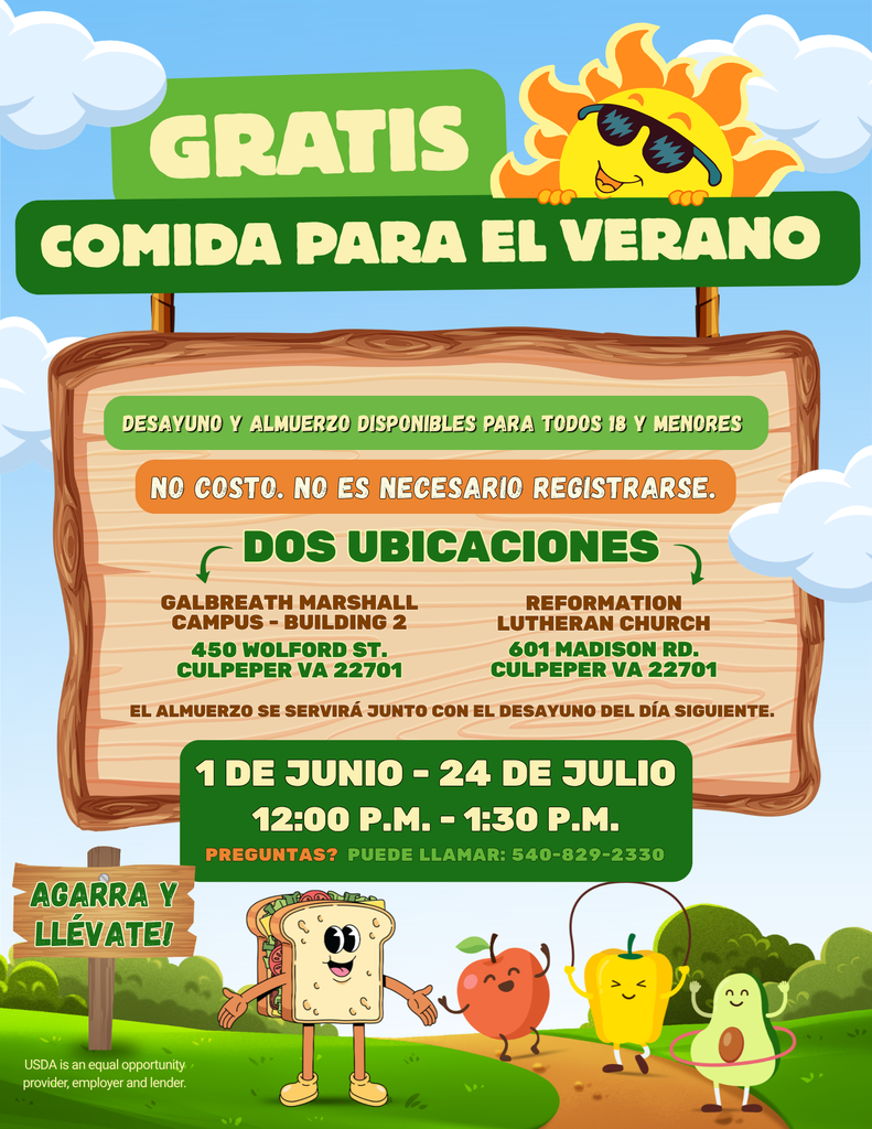 Flyer with a sun, characters, and text promoting free food for summer. Two locations listed.