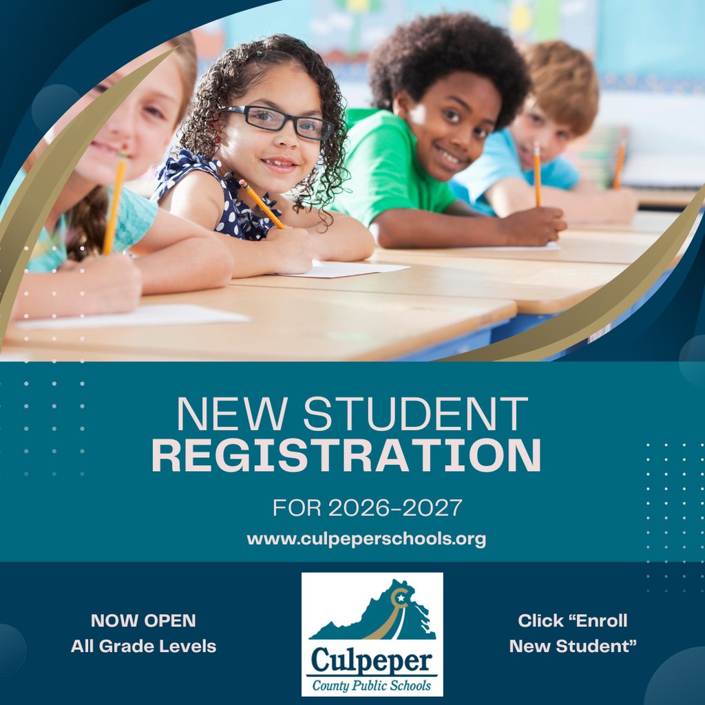 Four children sit at desks with pencils, one smiling. A blue background displays "New Student Registration for 2026-2027" with a website link.