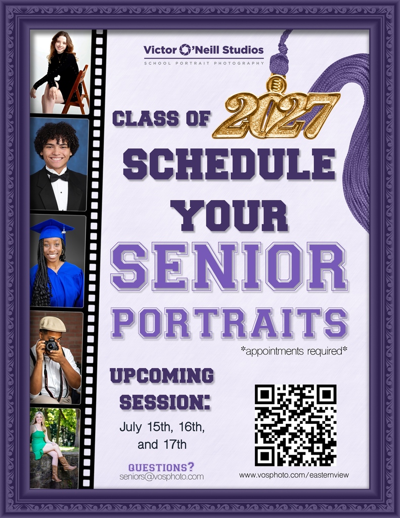A poster for Class of 2027 senior portraits, showing photos, a QR code, and dates July 15th, 16th, and 17th.