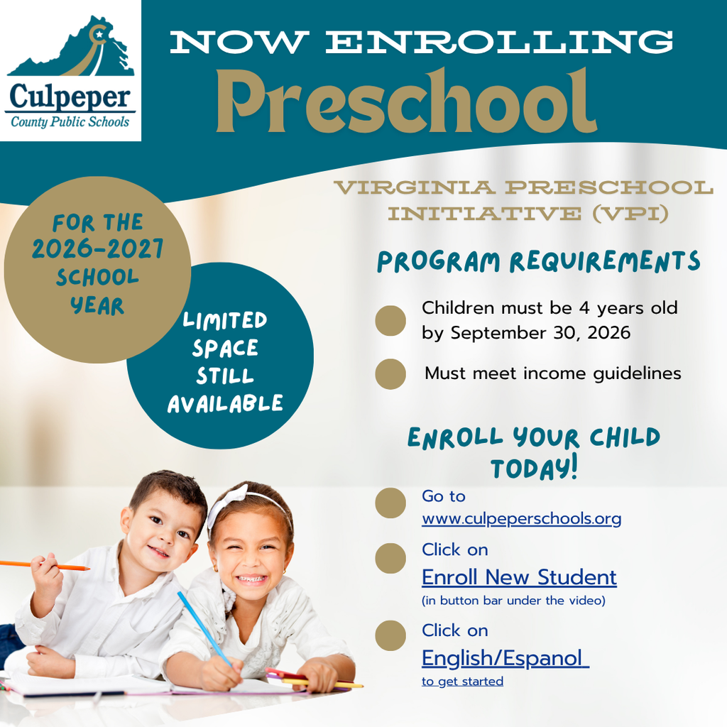 An enrollment flyer with a blue background. Two children smile, one holding a pencil, and another holding a crayon.