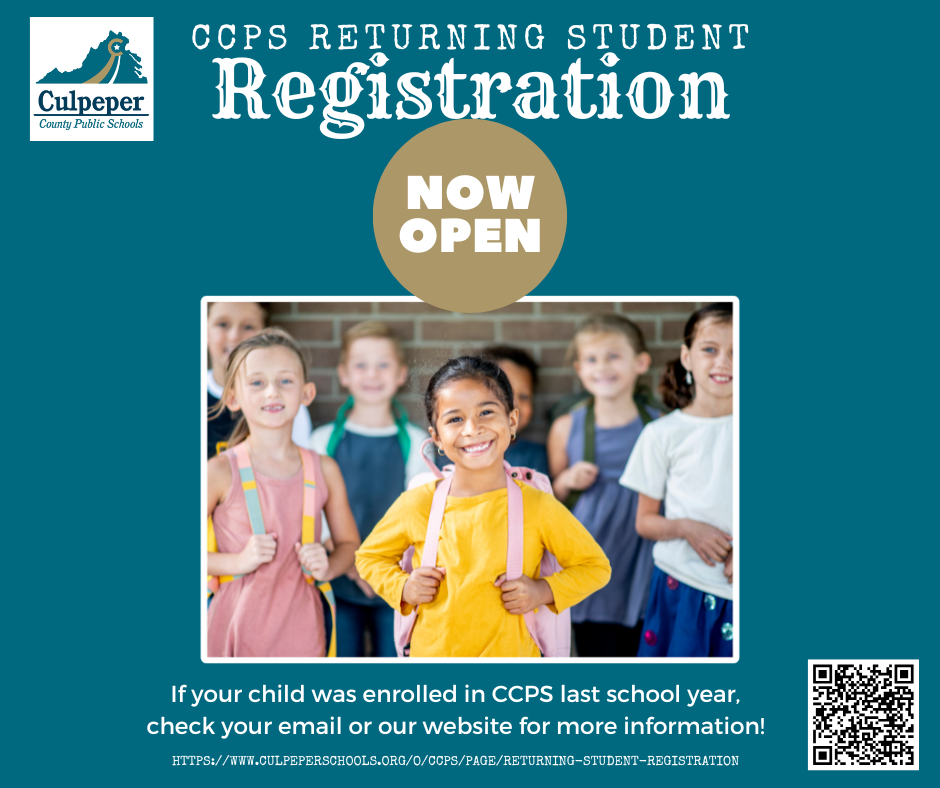 Advertisement for CCPS Returning Student Registration. It features a photo of children standing in front of a brick wall.