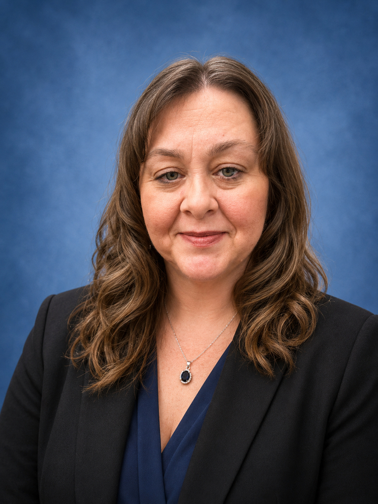 Head-and-shoulders professional portrait of Brandi Marolla against a blue studio background. She is wearing a black blazer over a navy blue blouse with a silver necklace featuring a dark blue pendant. She has shoulder-length wavy brown hair and is smiling softly while looking directly at the camera.