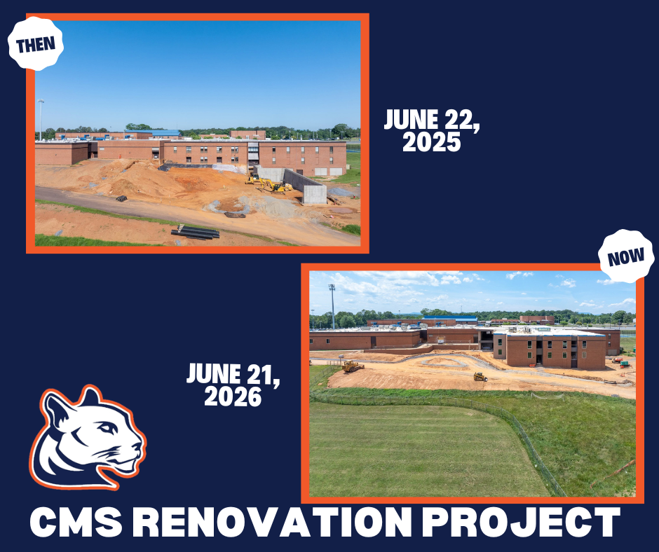 Comparison of two images showing CMS Renovation Project. First image, June 21, 2026, depicts a construction site. Second image, June 22, 2025, shows a completed building.