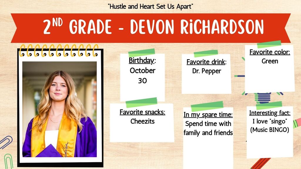 A poster with text and an image of a woman in a purple and yellow outfit. Text includes birthday, favorite drink, and interesting fact.