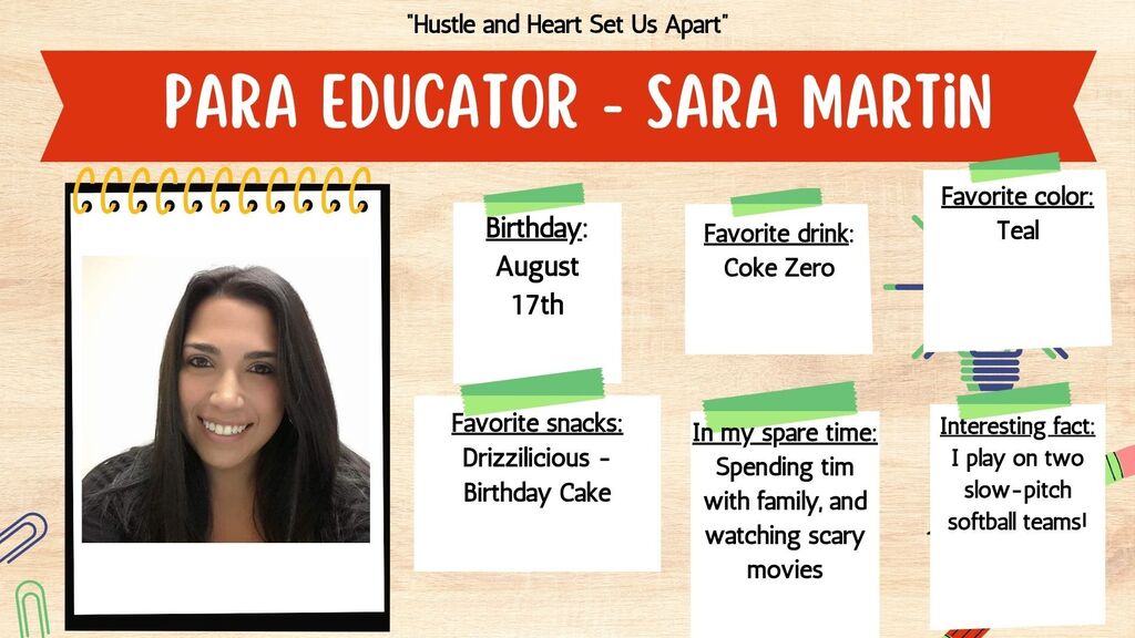 Person's profile shows name "Sara Martin", with details: birthday August 17th, favorite drink Coke Zero, favorite snack Drizzleicious Birthday Cake.
