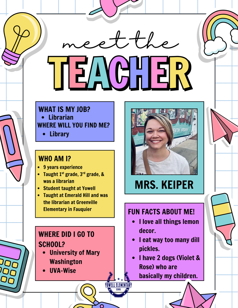 Bright, colorful poster titled "Meet the Teacher" with a photo of a smiling woman, Ms. Keiper. Sections include her role, background, and fun facts.
