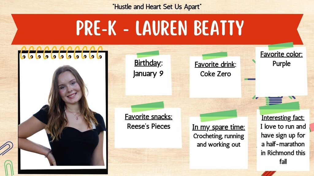 A poster with a photo of a smiling girl, Lauren Beatty, and text about her birthday, favorite drink, snacks, and activities.
