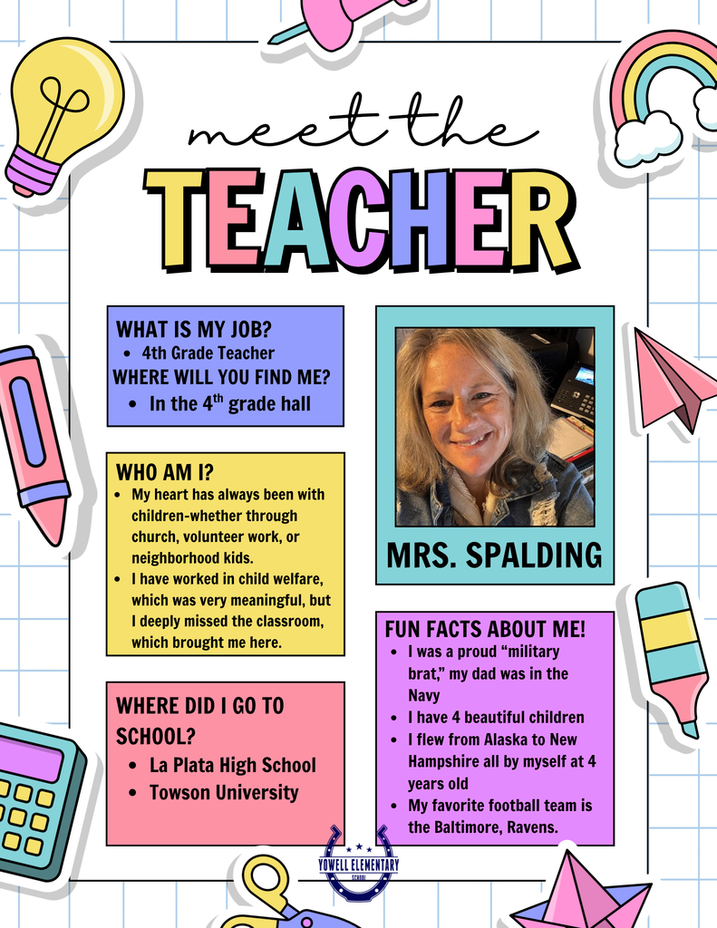 Brightly colored paper cutouts with a teacher introduction. It features a photo of a smiling woman, titled "Ms. Spalding." The background has a grid.