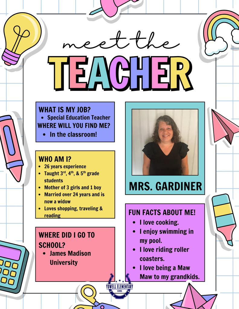 A colorful page displays a photo of a woman in black, labeled Mrs. Gardiner. Text and icons include her job, experience, and personal interests.