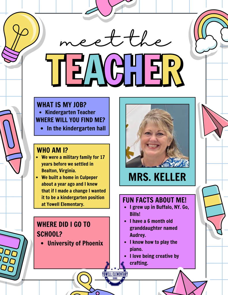 A colorful bulletin board introduces "Meet the Teacher". A photo of Mrs. Keller, a kindergarten teacher, is featured with a description of her role and background.