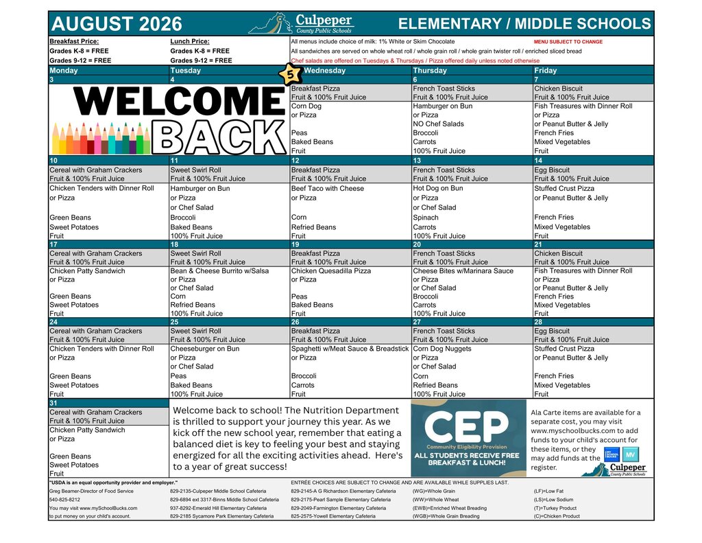School calendar for August 2026 with highlighted dates and a colorful design featuring the word 'Welcome Back'.