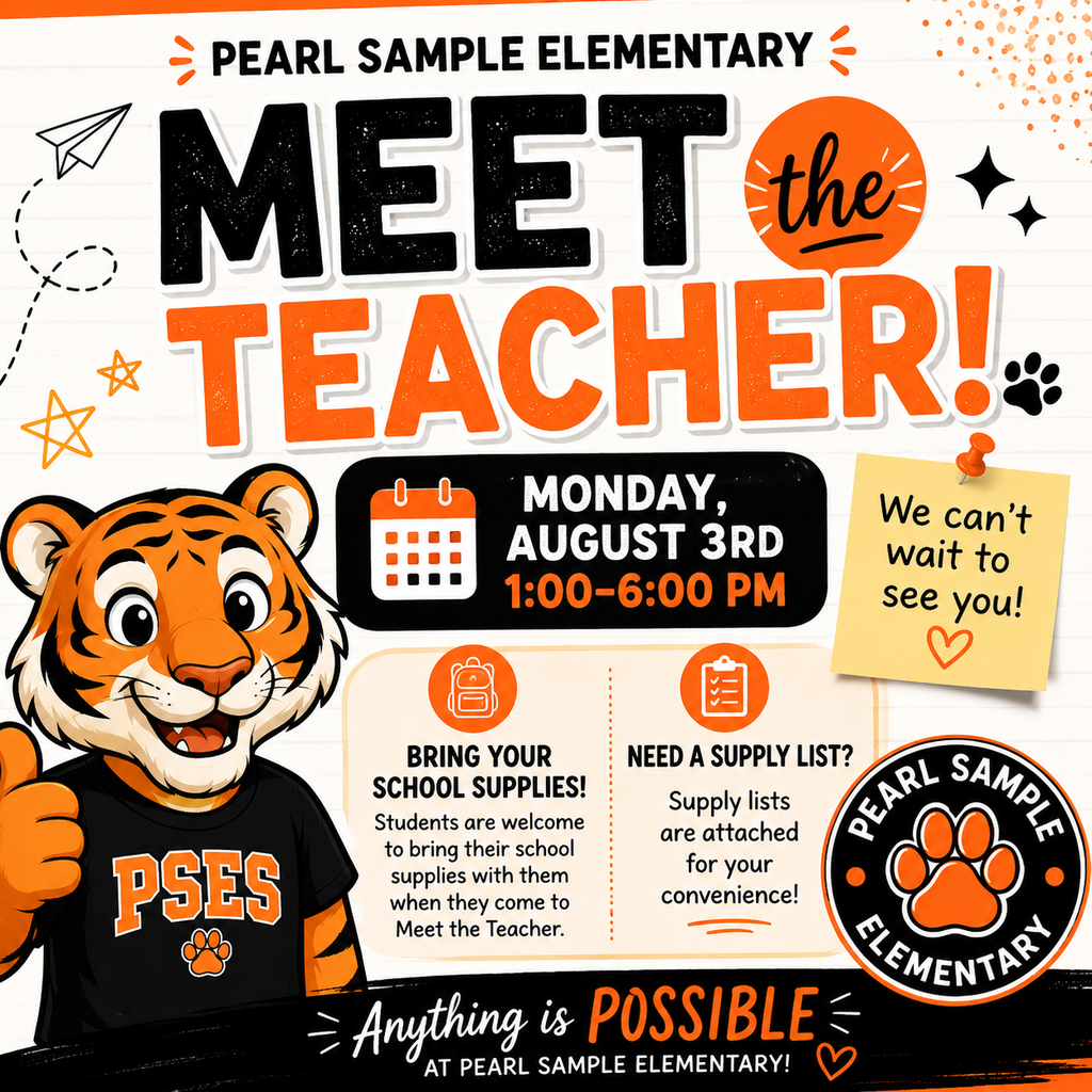 A poster with a tiger mascot, calendar, and text inviting students to bring school supplies to meet their teachers.