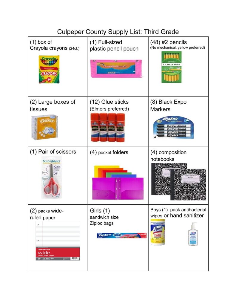 Third-grade supply list includes crayons, pencils, scissors, glue sticks, Expo markers, folders, notebooks, paper, and hand sanitizer.
