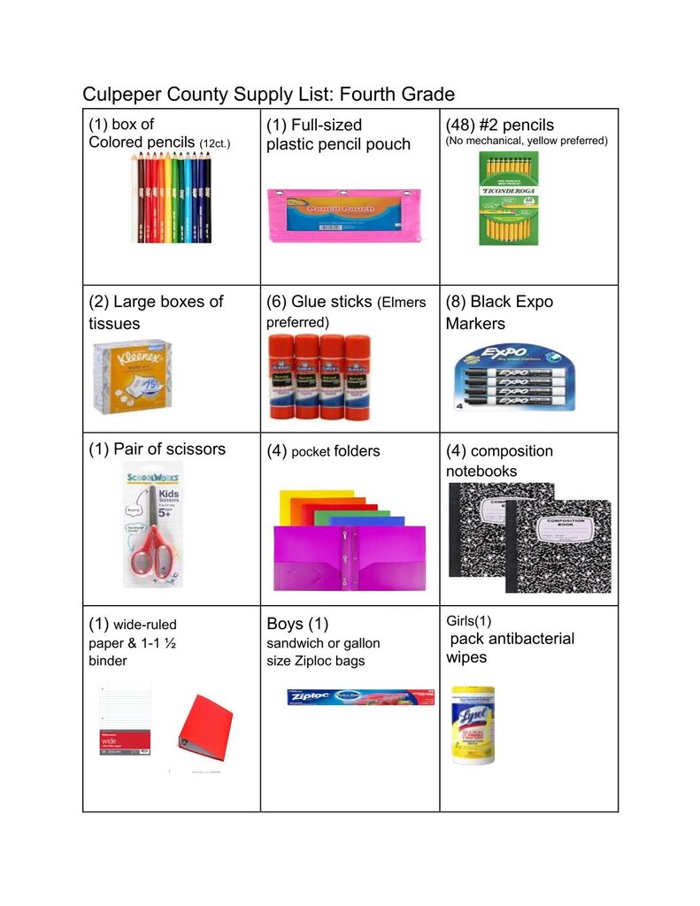 Fourth grade supply list includes colored pencils, full-sized plastic pouch, glue sticks, scissors, and more.