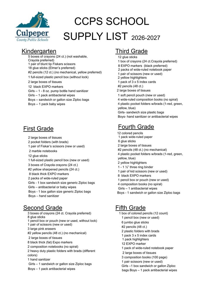 A document contains a table listing school supplies for grades one through five, including crayons, markers, and notebooks.