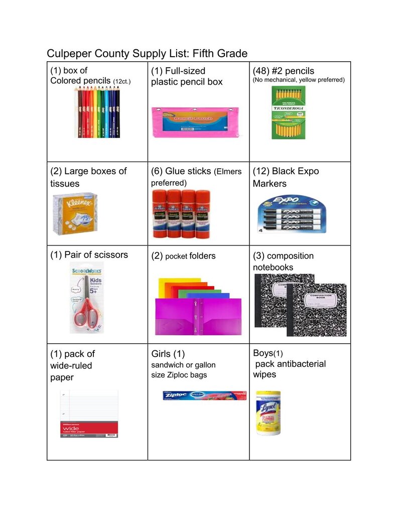 List of school supplies for fifth graders, including colored pencils, a full-sized plastic pencil box, and more.