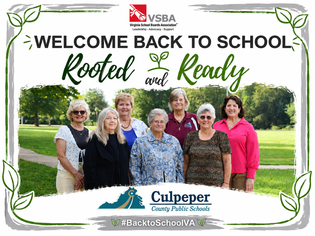Group of seven women, likely teachers, standing on a lawn. Text reads "Welcome Back to School, Rooted and Ready."