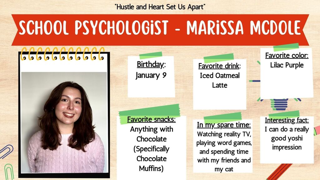 A poster introduces Marissa McDole, a school psychologist, with her photo, birthday, and interests. She likes chocolate muffins, iced oatmeal latte, and watching TV.