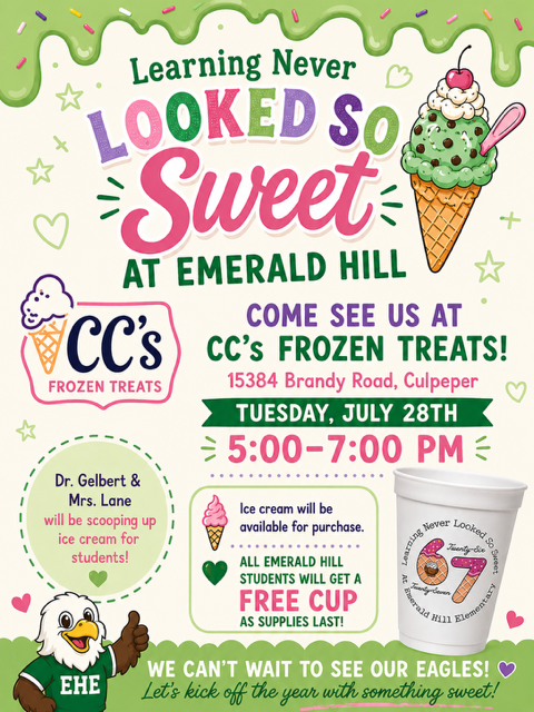 Event poster with green background, green text, and pink and purple swirls. Ice cream cone image on the right.