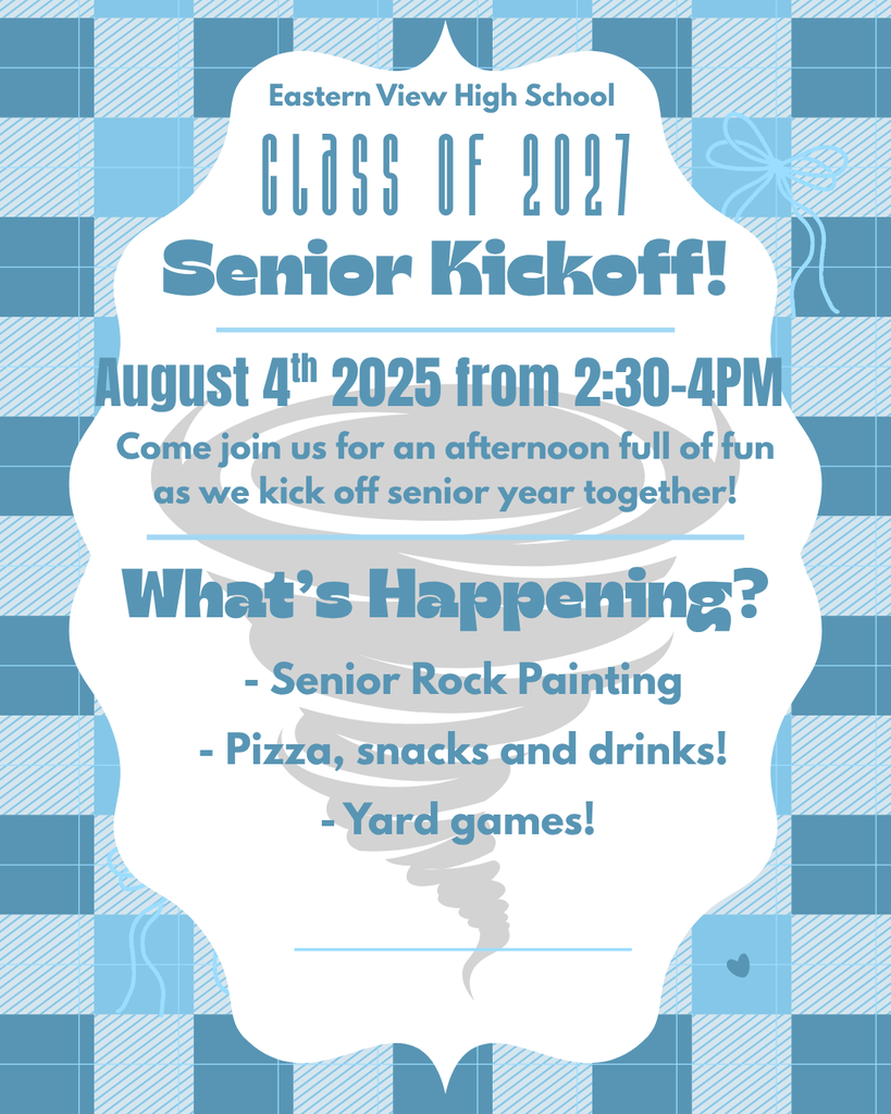 Blue and white checkered background. "Class of 2027 Senior Kickoff!" heading. Date: August 4, 2025, 2:30-4PM. Activities: Rock painting, pizza, snacks, drinks, yard games.