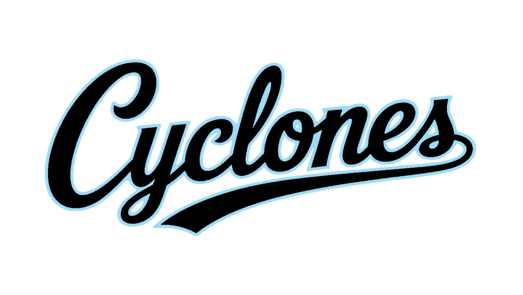 The word "Cyclones" appears in cursive, light blue text against a solid black background.