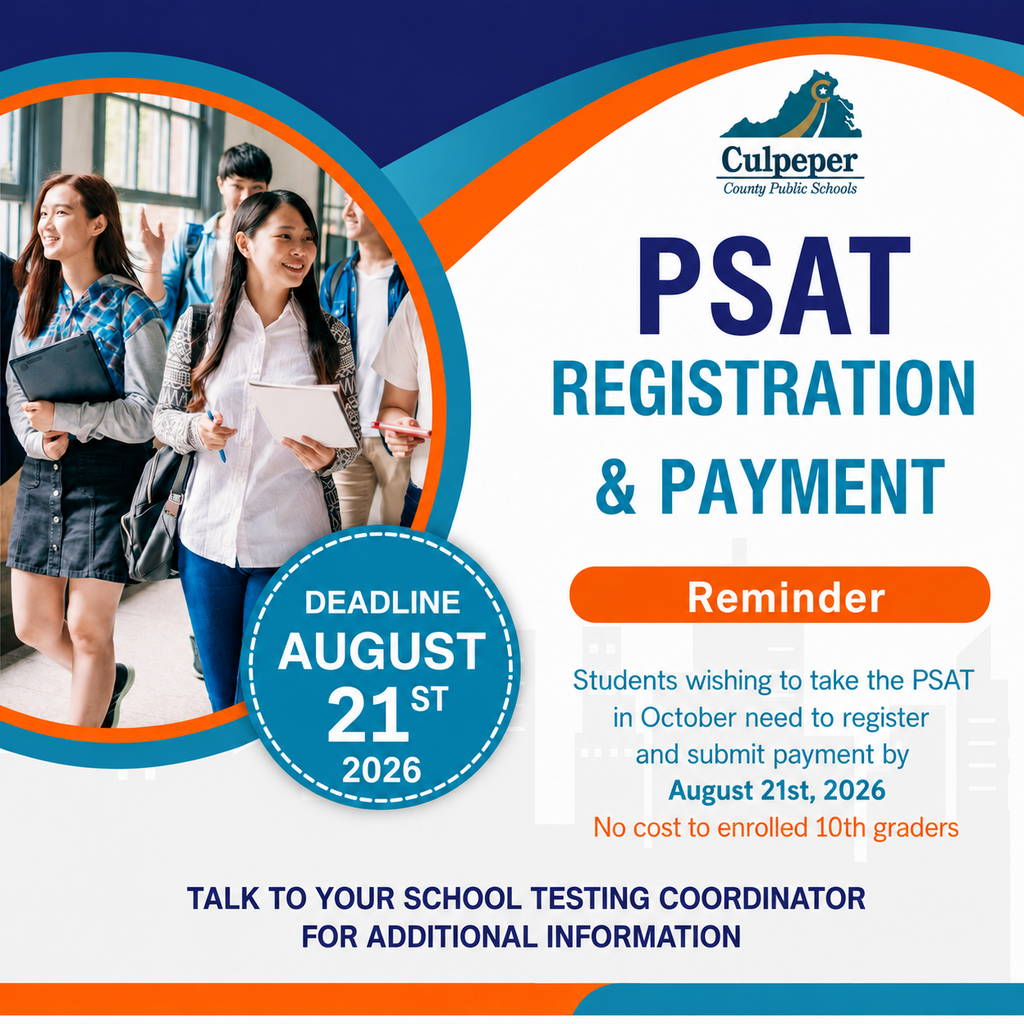 An announcement about PSAT registration and payment deadline for August 21, 2026. Background shows students in a school setting.