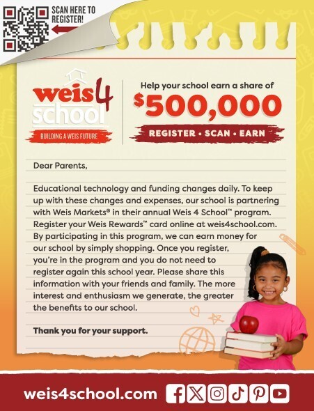Advertisement for Weis 4 School, featuring a young child holding books and an apple. It promotes registering for the annual Weis 4 School program.