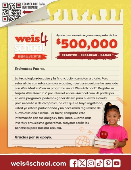 Flyer for Weis 4 School with a girl holding books, QR code, and text in Spanish about a $500,000 donation.