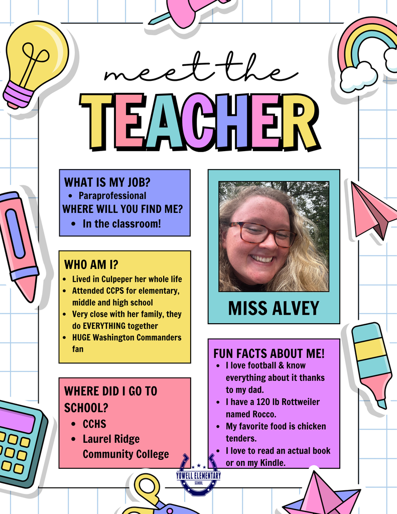 Poster featuring a smiling woman in a classroom. Text reads "Meet the Teacher" and includes sections about job, life, and fun facts.