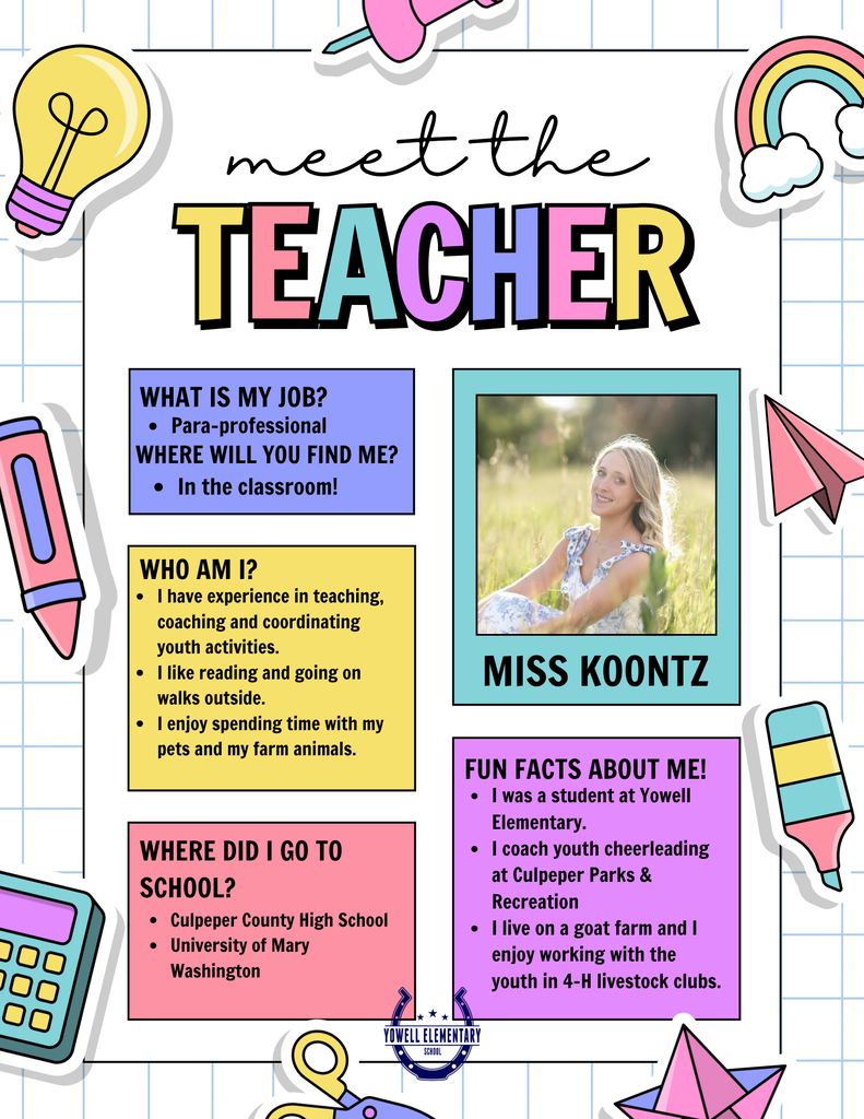 Colorful page with a teacher introduction. "Meet the Teacher" is written in large letters. Photo of a woman, text about her job, and personal info.
