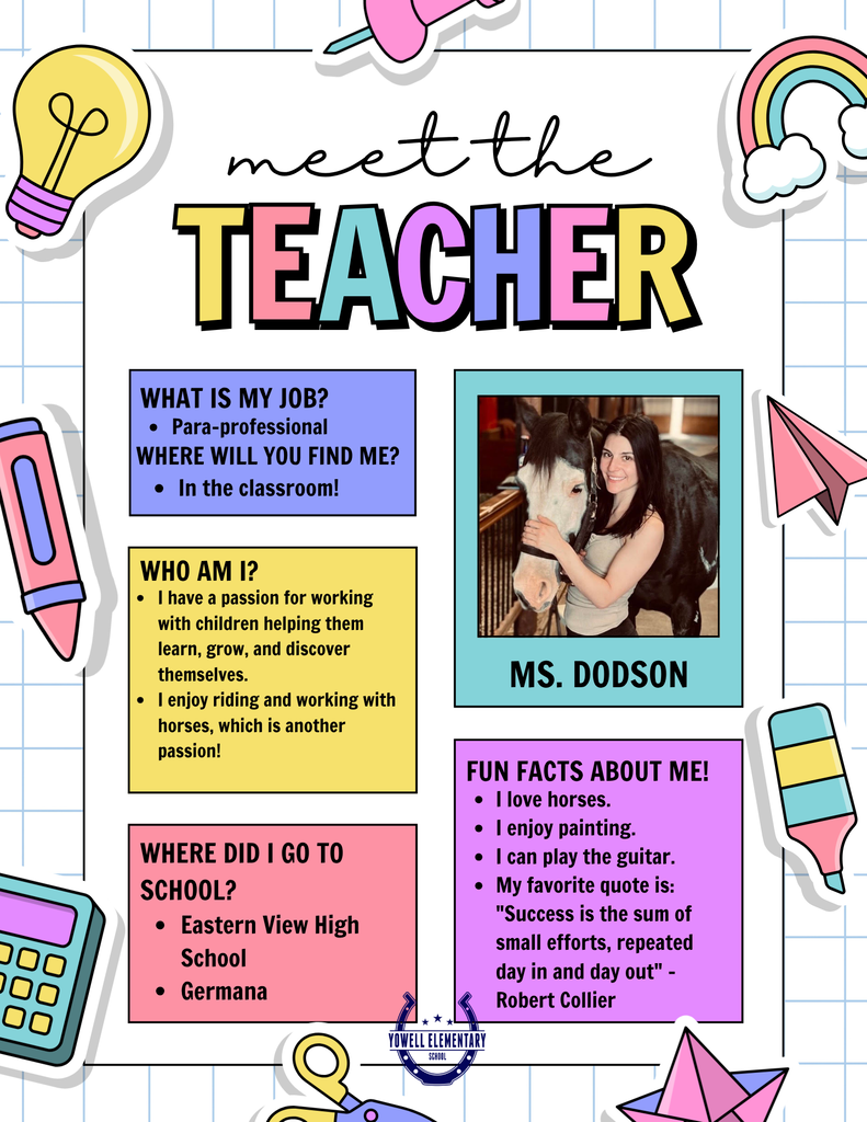 A colorful, grid-based introduction to a teacher named Ms. Dodson, featuring text, icons, and her photo.