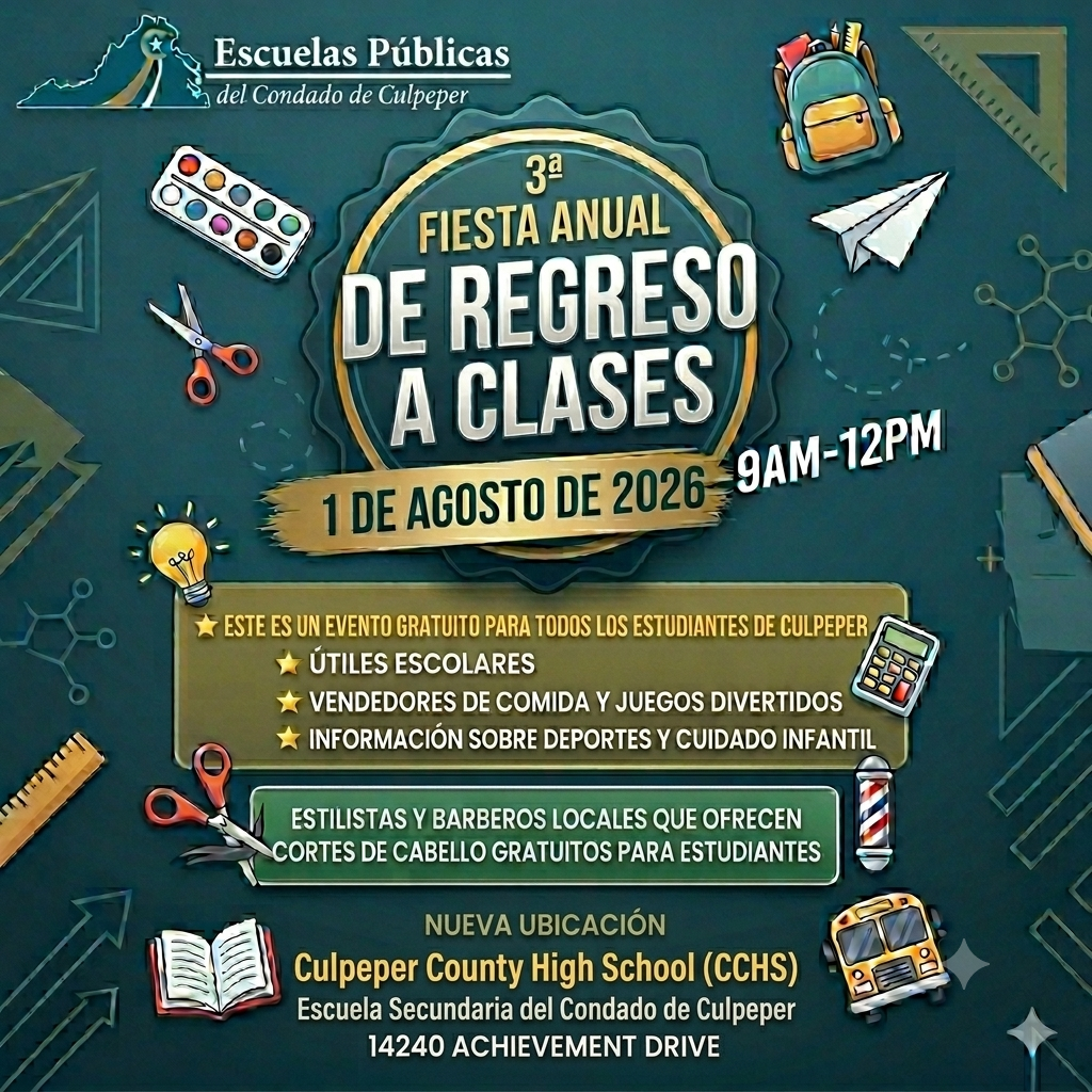Blue background with white text: "Escuelas Públicas del Condado de Culpeper". Event details: "3rd Fiesta Annual de Regreso a Clases, 1 August 2024, 9am-12pm".