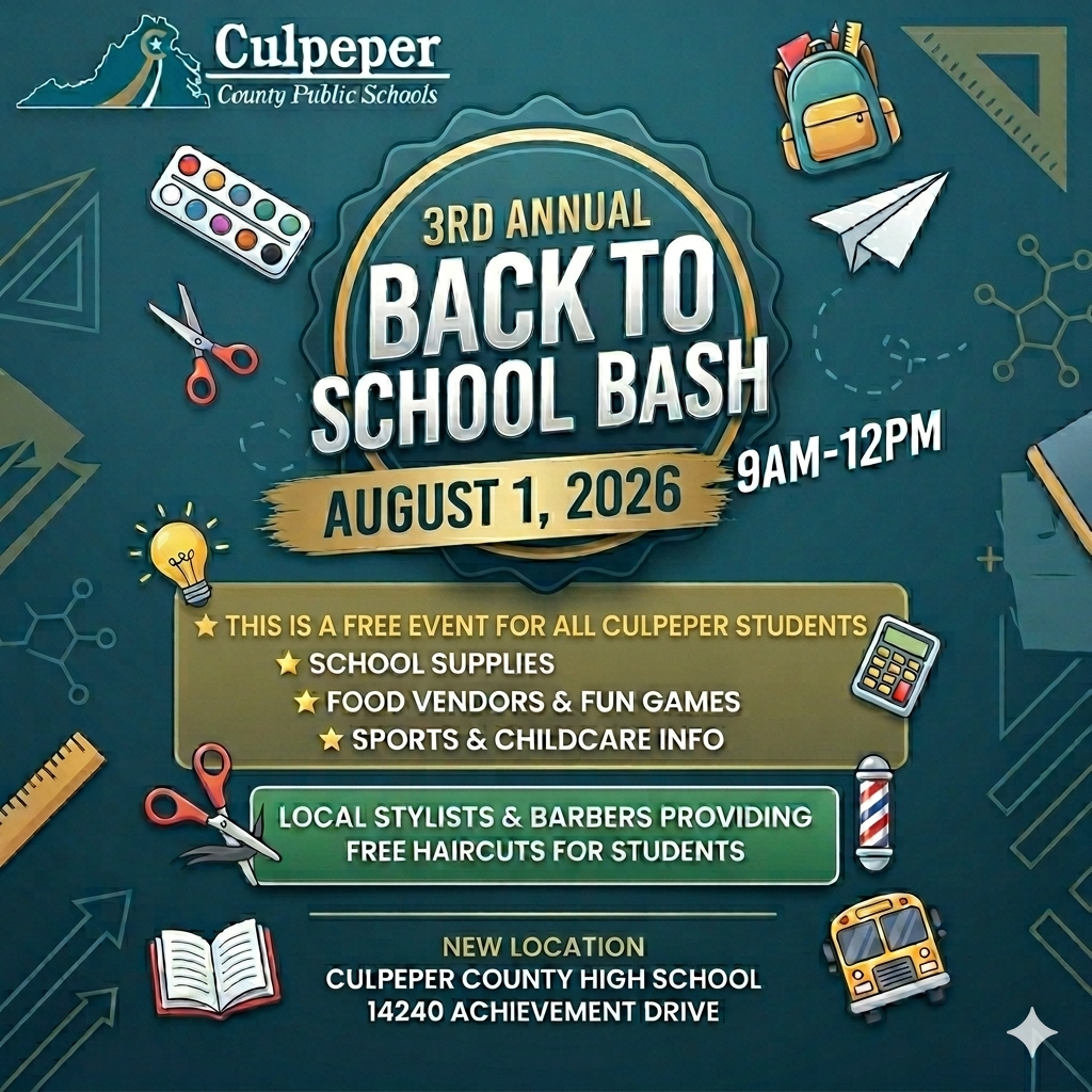 Flyer with blue background and event details for the 3rd Annual Back to School Bash.