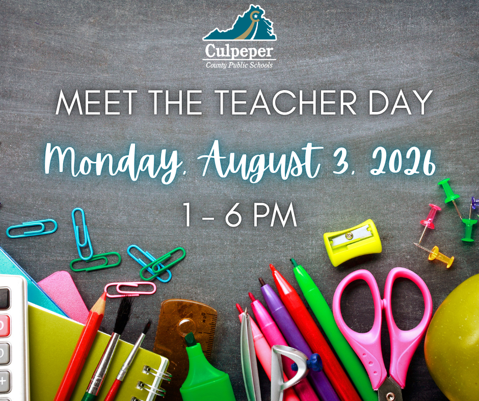 Event poster for Meet the Teacher Day on August 3, 2026, from 1-6 PM, with school supplies like scissors, pencils, and a calculator.