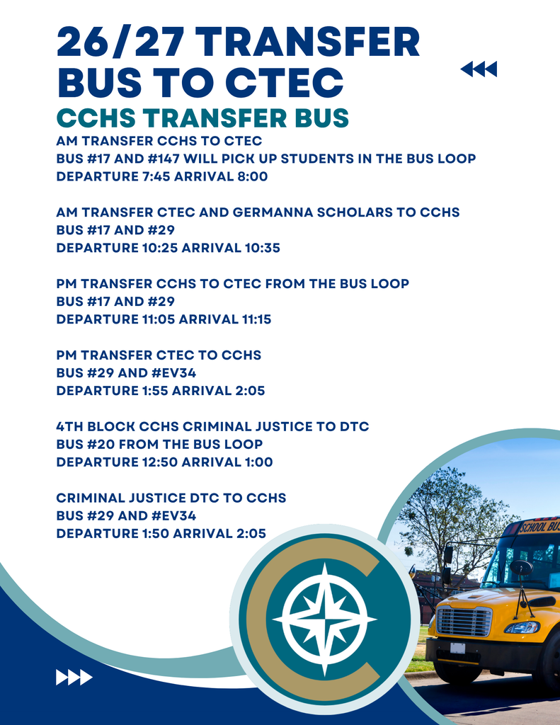 Informational graphic listing 2026–27 transfer bus routes, bus numbers, pickup locations, departure times, and arrival times for Culpeper County High School (CCHS) students traveling to and from the Culpeper Technical Education Center (CTEC), including Criminal Justice transfers to the Daniel Technology Center (DTC).