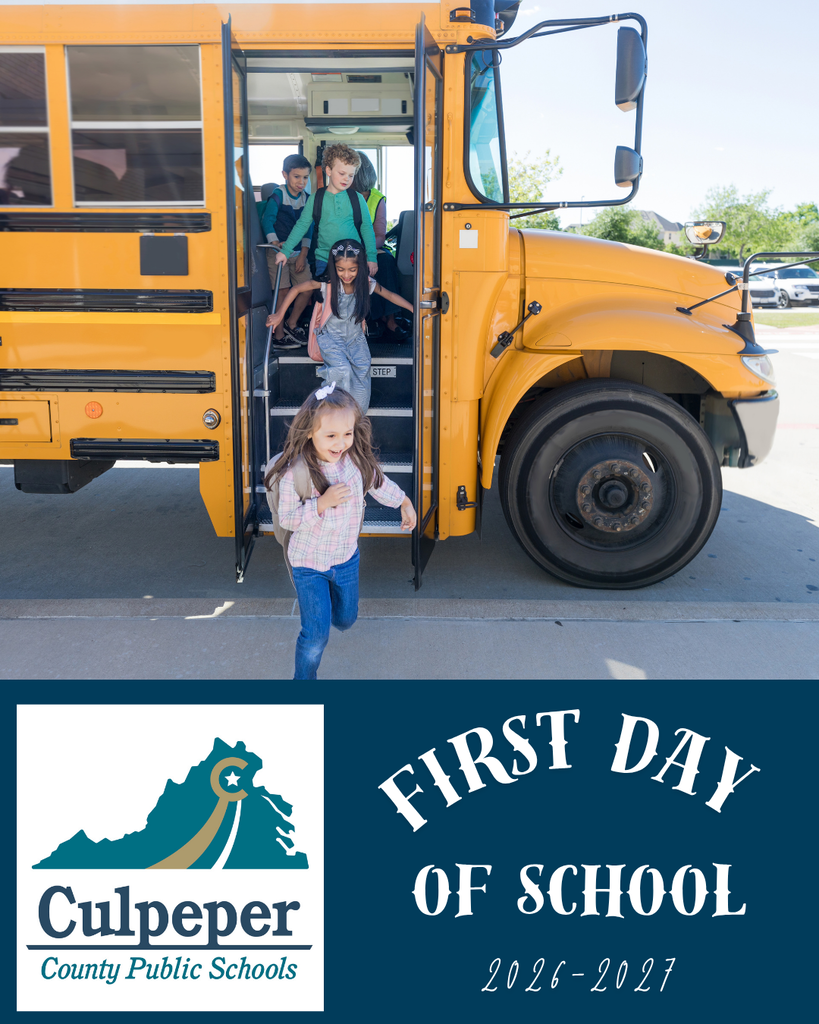 Four children board a yellow school bus. The bus has the words "First Day of School" in large letters.