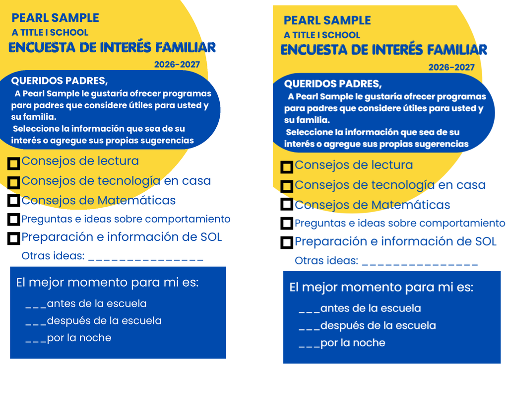 Two survey pages, one yellow-orange and one blue-orange, titled "Encuesta de Interes Familiar". Both ask parents about their preferences for information on various topics.
