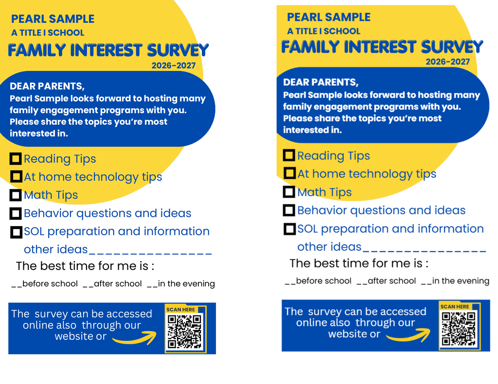 Double-sided flyer with survey options, QR code, and instructions for parents. Yellow and blue background.