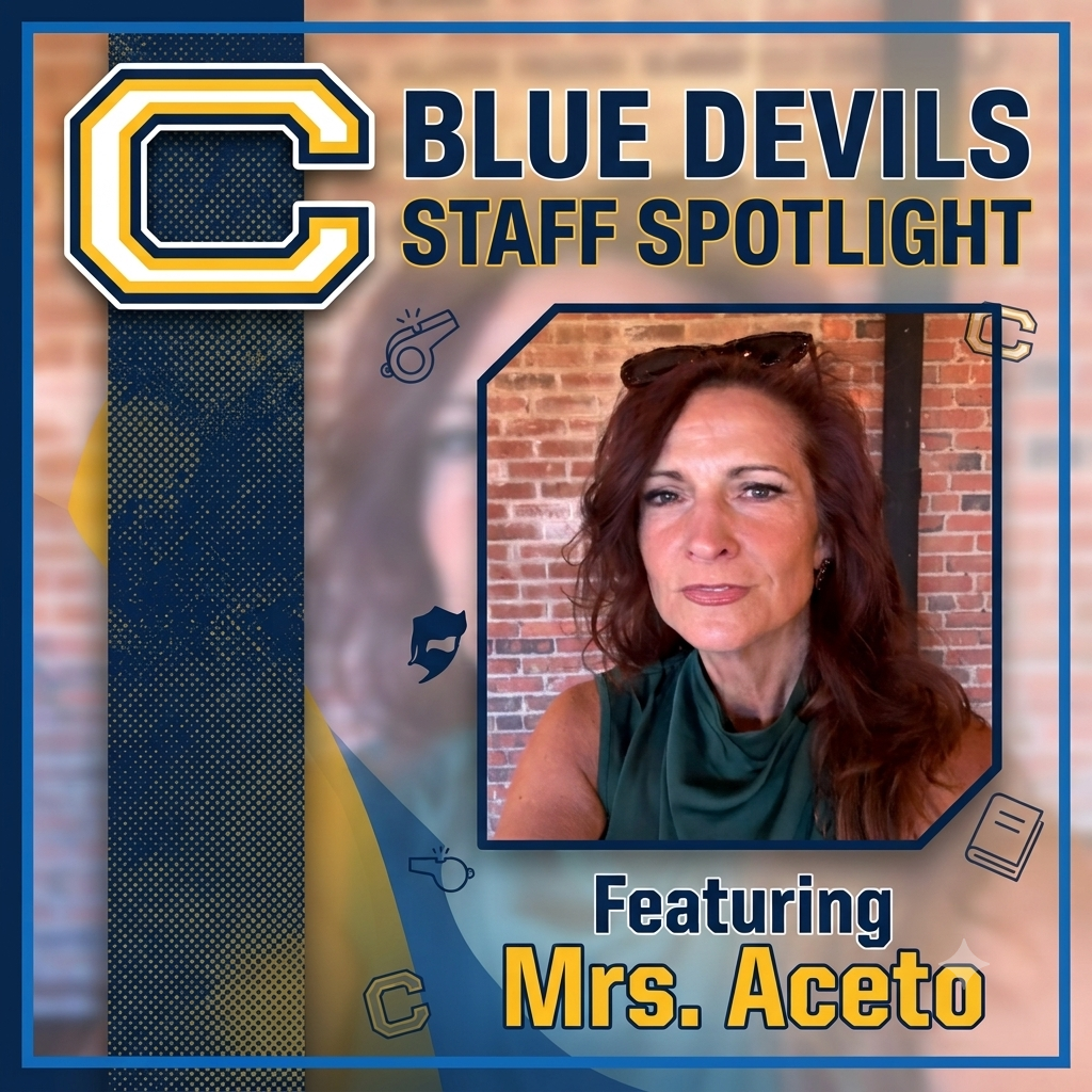 Blue and yellow banner displays "C Blue Devils Staff Spotlight" above an image of a smiling woman with long hair.