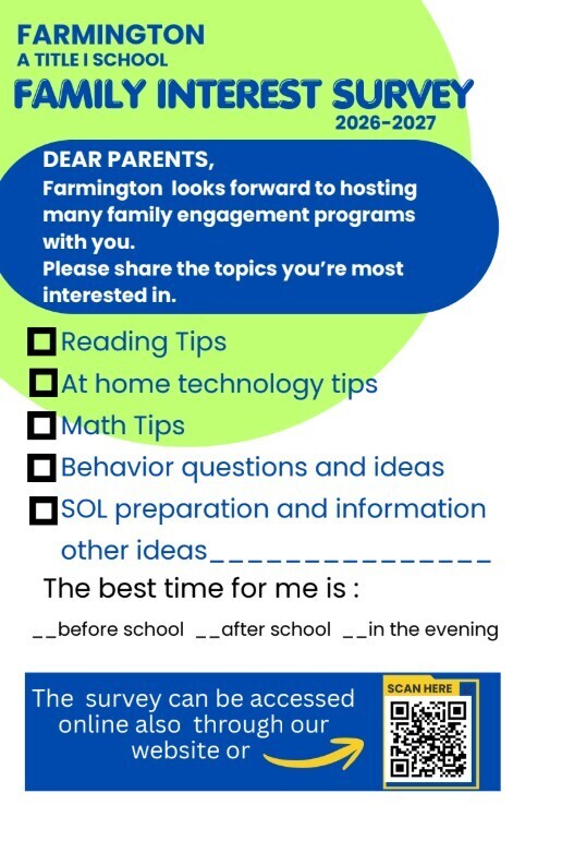 A survey form invites parents to share topics for family engagement programs. Categories include Reading Tips, At home technology tips, Math Tips, and more.