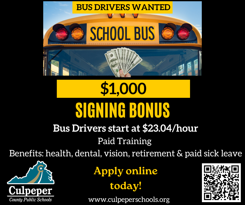 Advertisement poster for school bus drivers. It offers $1,000 signing bonus. Drivers earn $23.04/hour. Benefits include health, dental, vision, retirement, and paid sick leave.