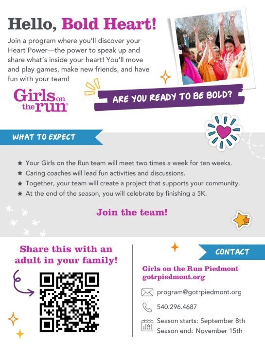 A poster advertising a program for girls. It includes a QR code, a contact email, and a phone number.