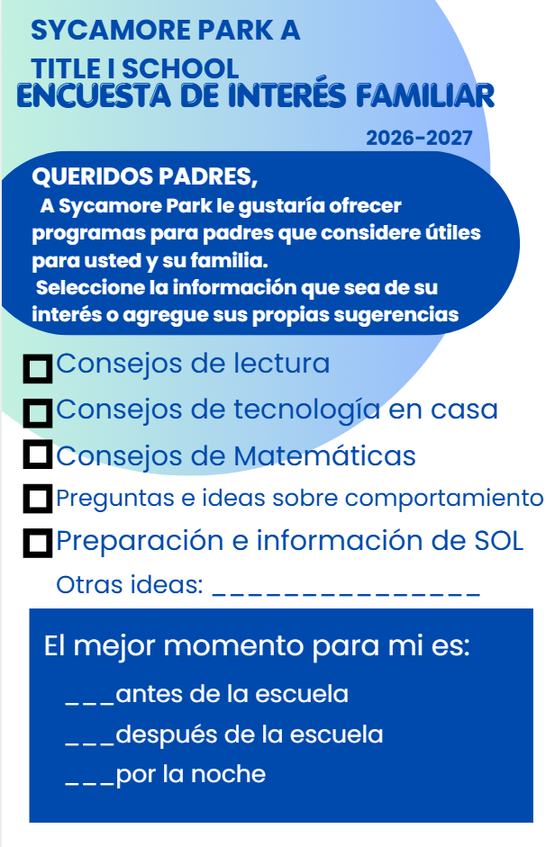 A survey poster from Sycamore Park Title I School. It asks parents for input on topics of interest.