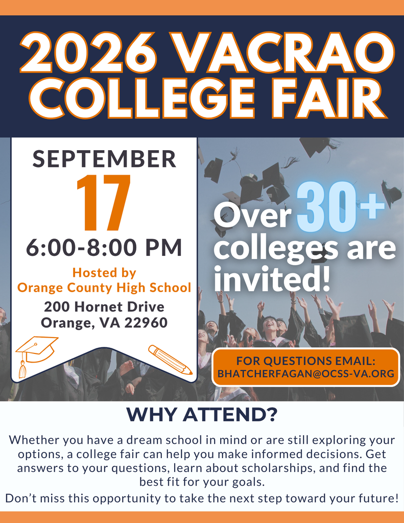 A flyer for the 2026 VCRAO College Fair, scheduled for September 17 from 6-8 PM at Orange County High School.
