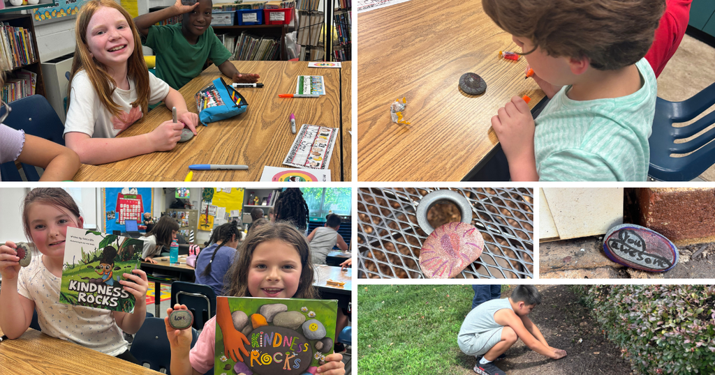 Multiple images: children at a desk, one holding a book; children doing crafts; one child digging.