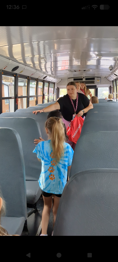 Inside a school bus, an adult with a red bag helps a young girl wearing a blue shirt with an orange design.